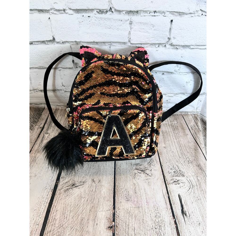 JUSTICE Girl’s Tiger Stripe Flip Sequin Mini Backpack with the Initial “A”